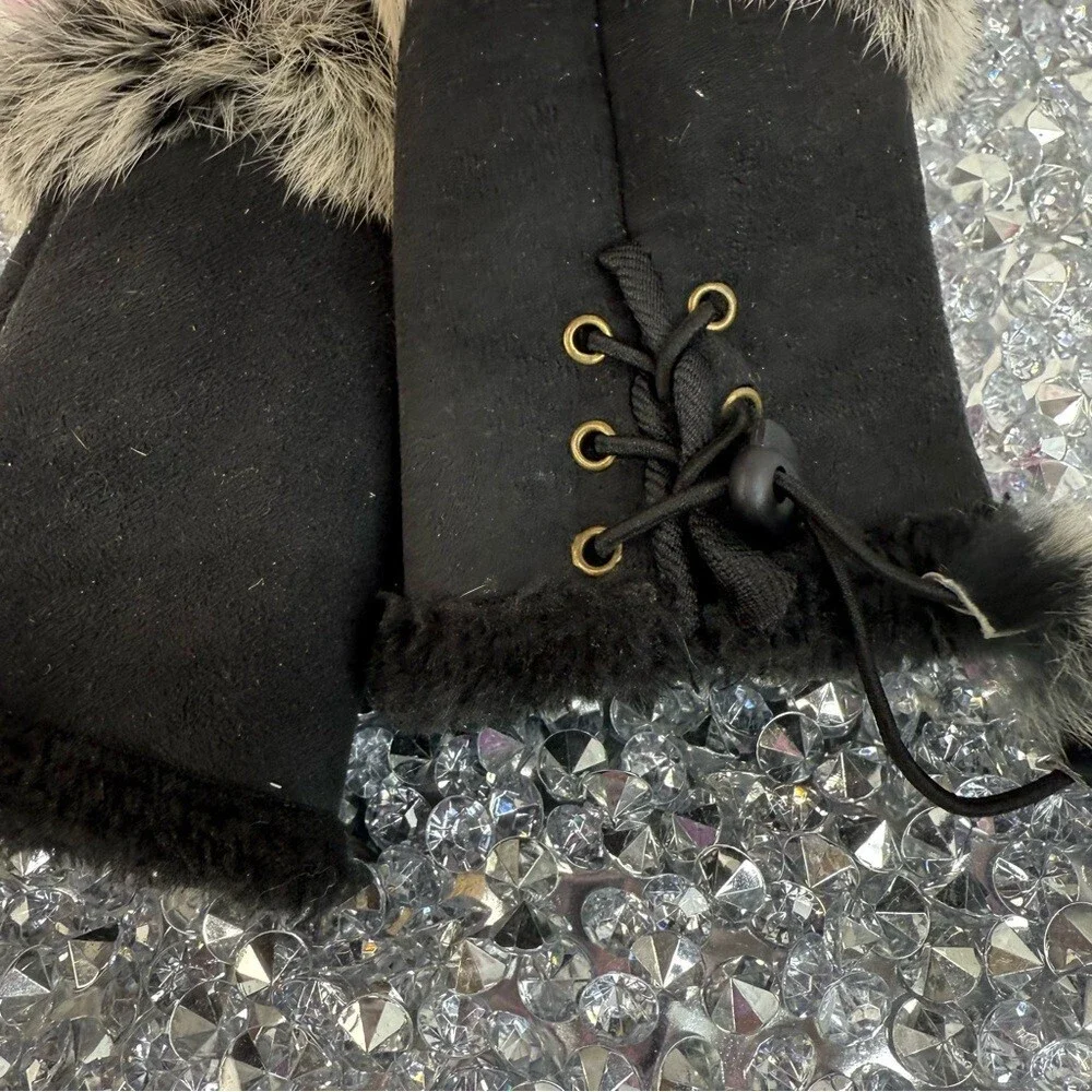 Mitts Black rabbit Fur Trim Fingerless Gloves with Pom  Pom lace up details